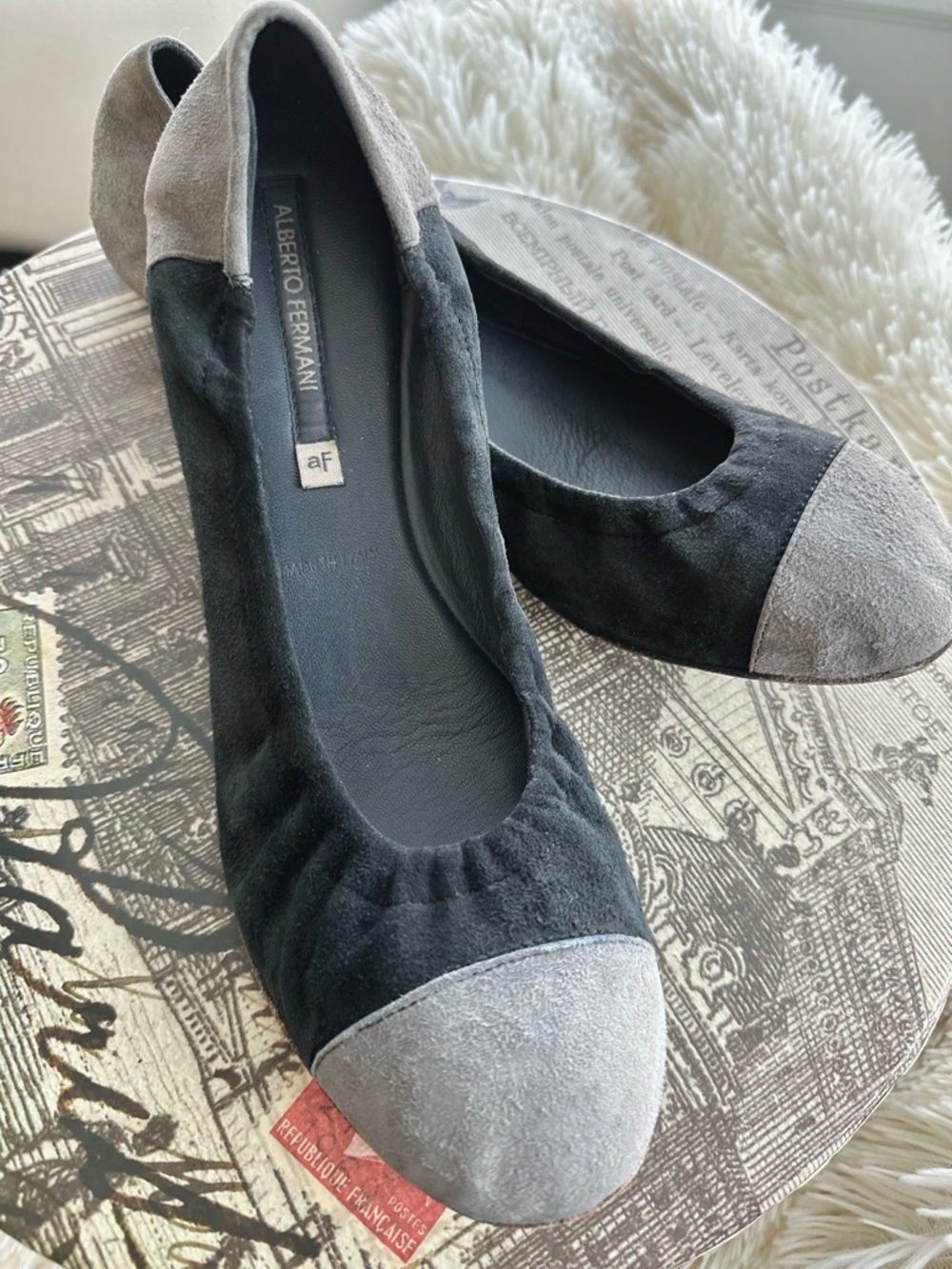 Alberto Fermani Black and Gray Suede Cap-Toe Ballet Flats